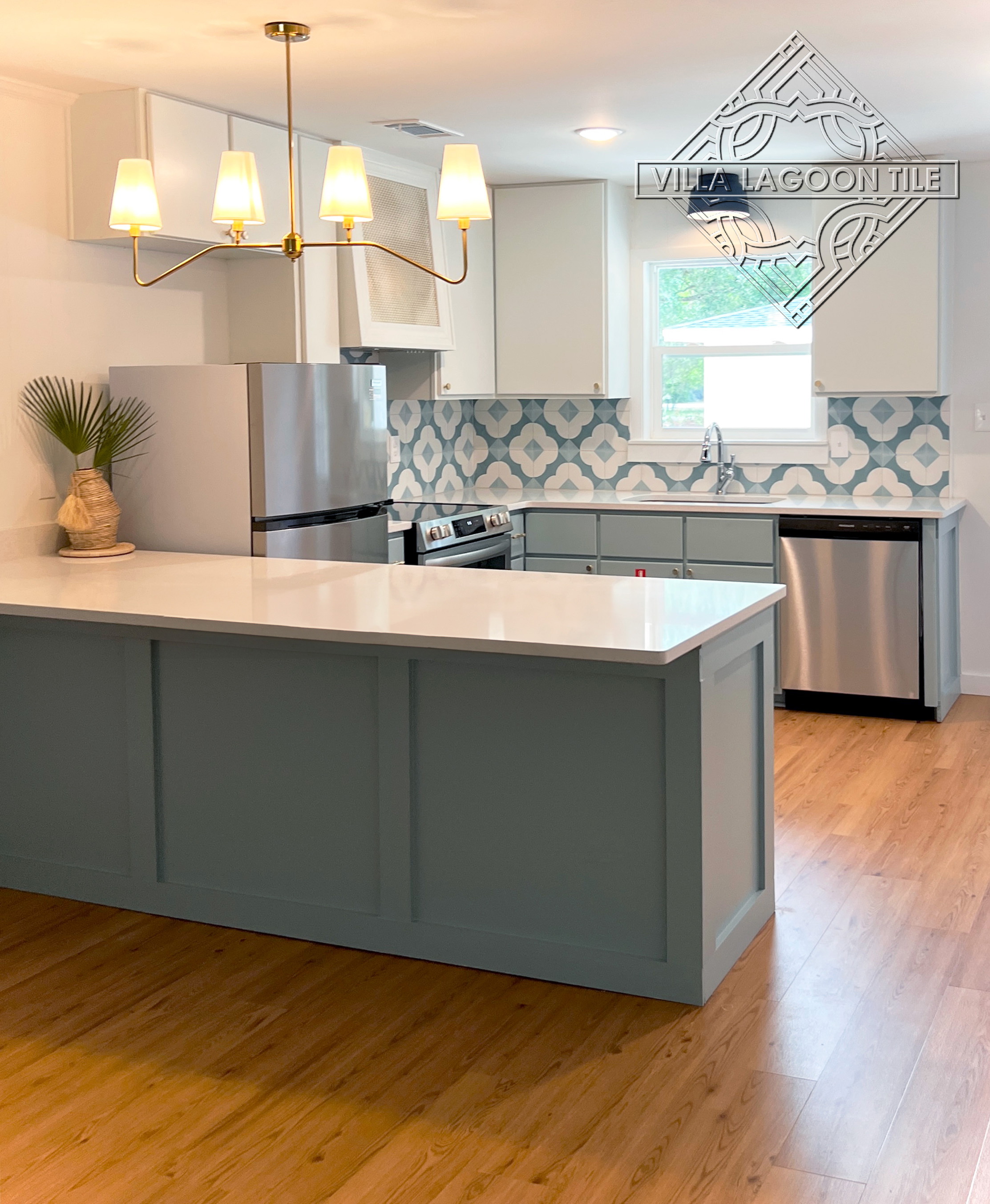Modern Architectural Anchor: Katie Caribbean Tile & Shaker Island Pairing