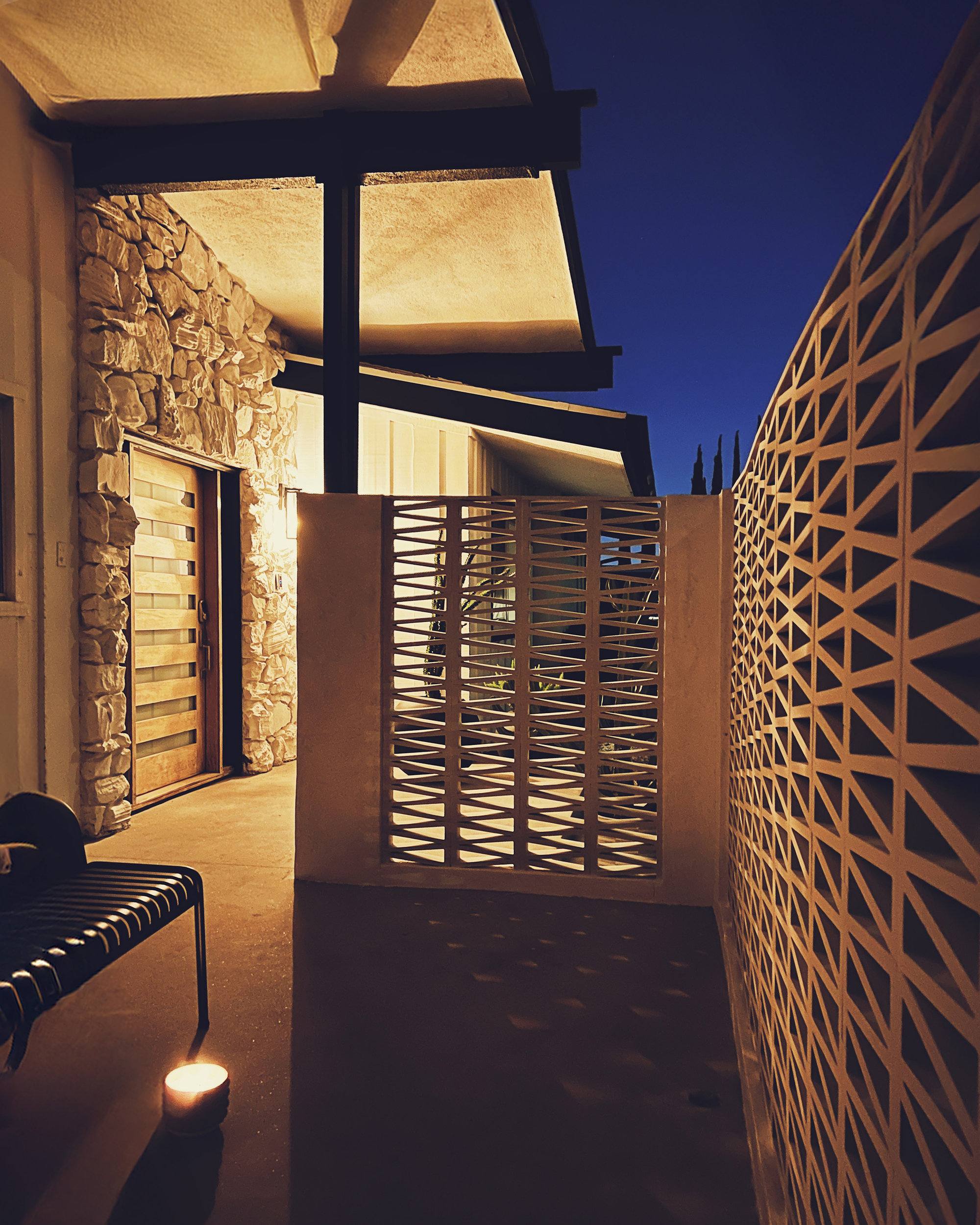 Mid-century Modern Porch Night Lighting Breeze Block Shadows