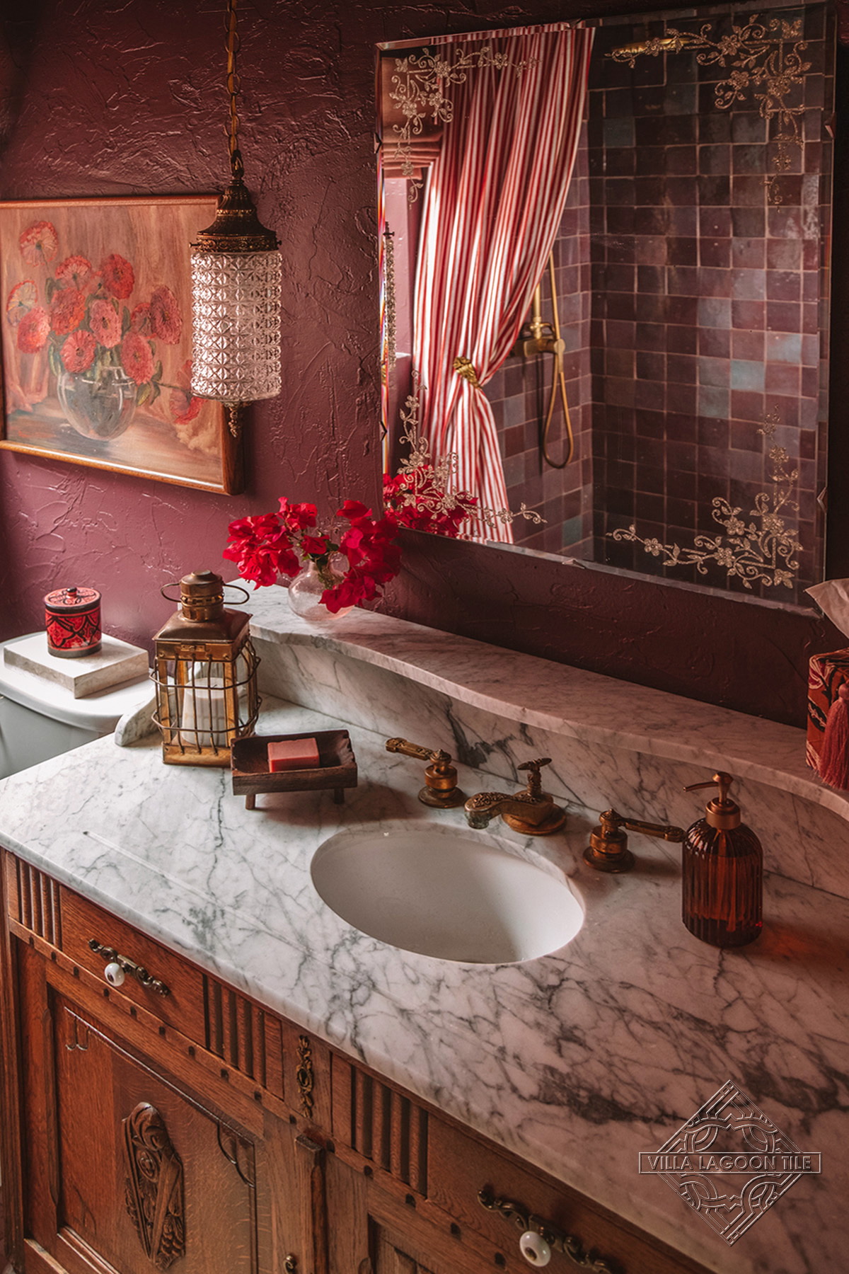 moody-burgundy-zellige-tile-vintage-vanity-mirror