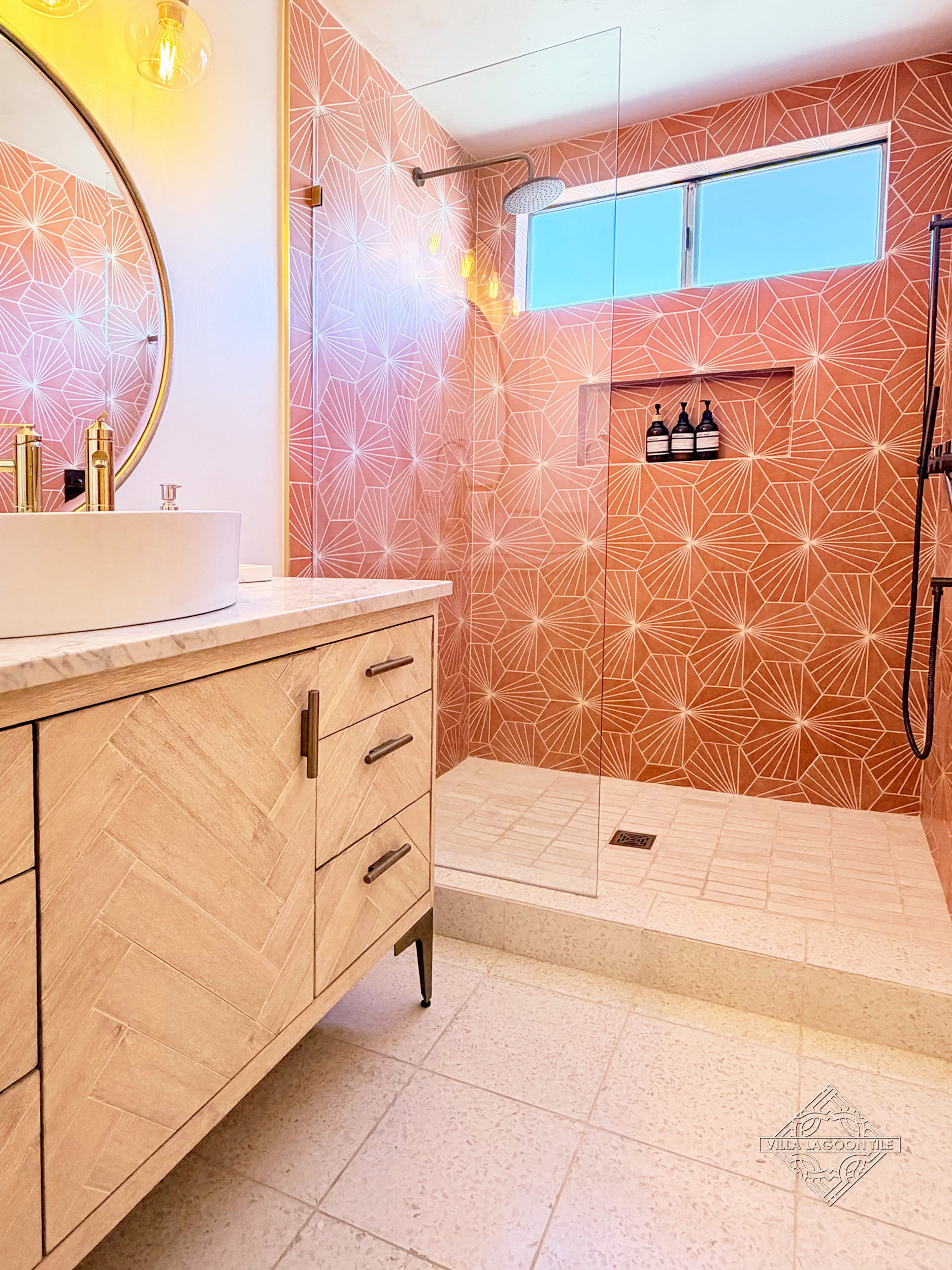 Organic Modern Bathroom with Spark C Tangerine Tile and Terrazzo Flooring