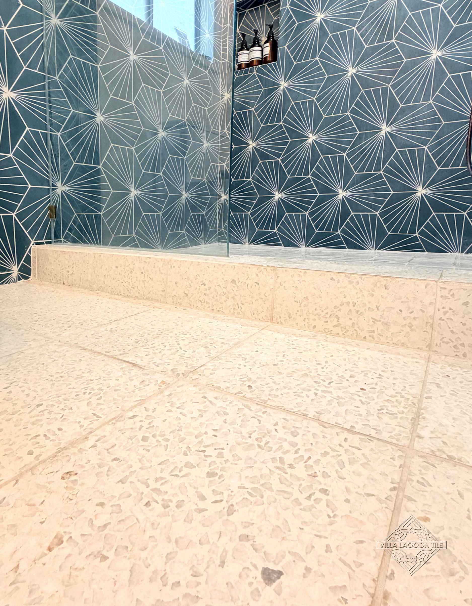 Modern Desert Bathroom with Large Dew Drop Terrazzo Flooring and Aegean Blue Walls