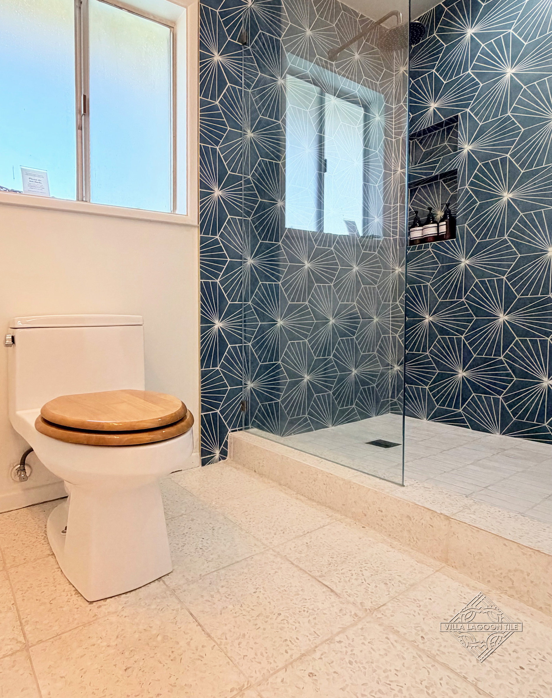 Modern Desert Bathroom with Large Dew Drop Terrazzo Flooring and Spark C Aegean Shower Walls