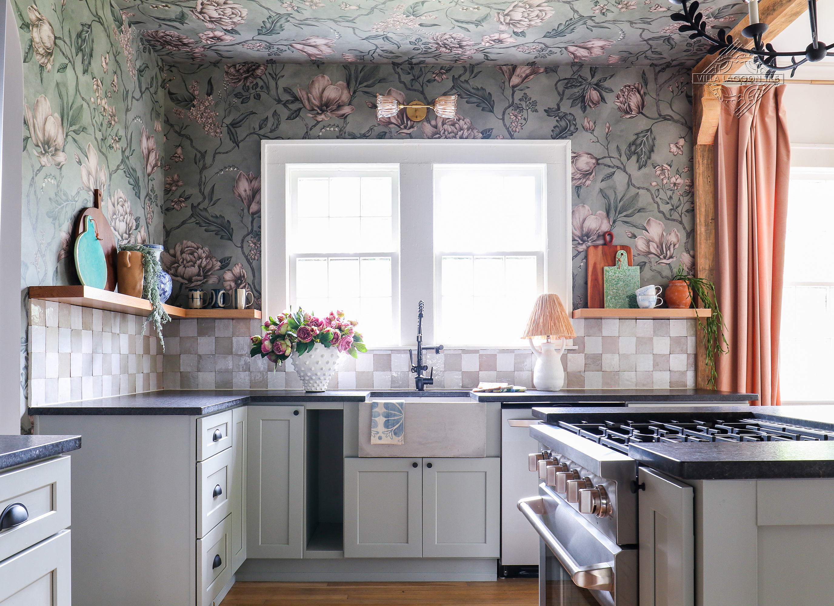 zellige-checkerboard-backsplash-kitchen-floral-wallpaper-farmhouse-sink