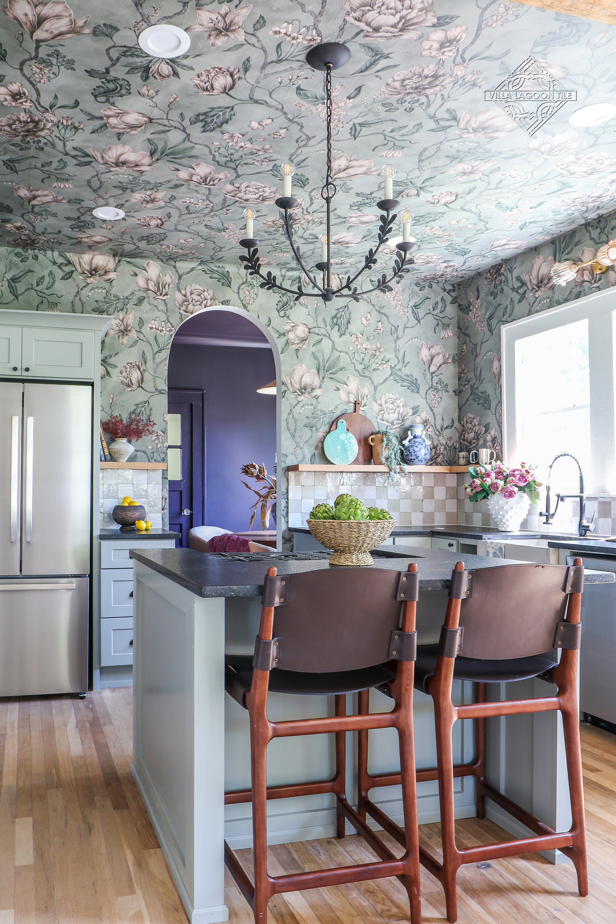 zellige-checkerboard-backsplash-kitchen-island-pigeon-cabinets-floral-wallpaper