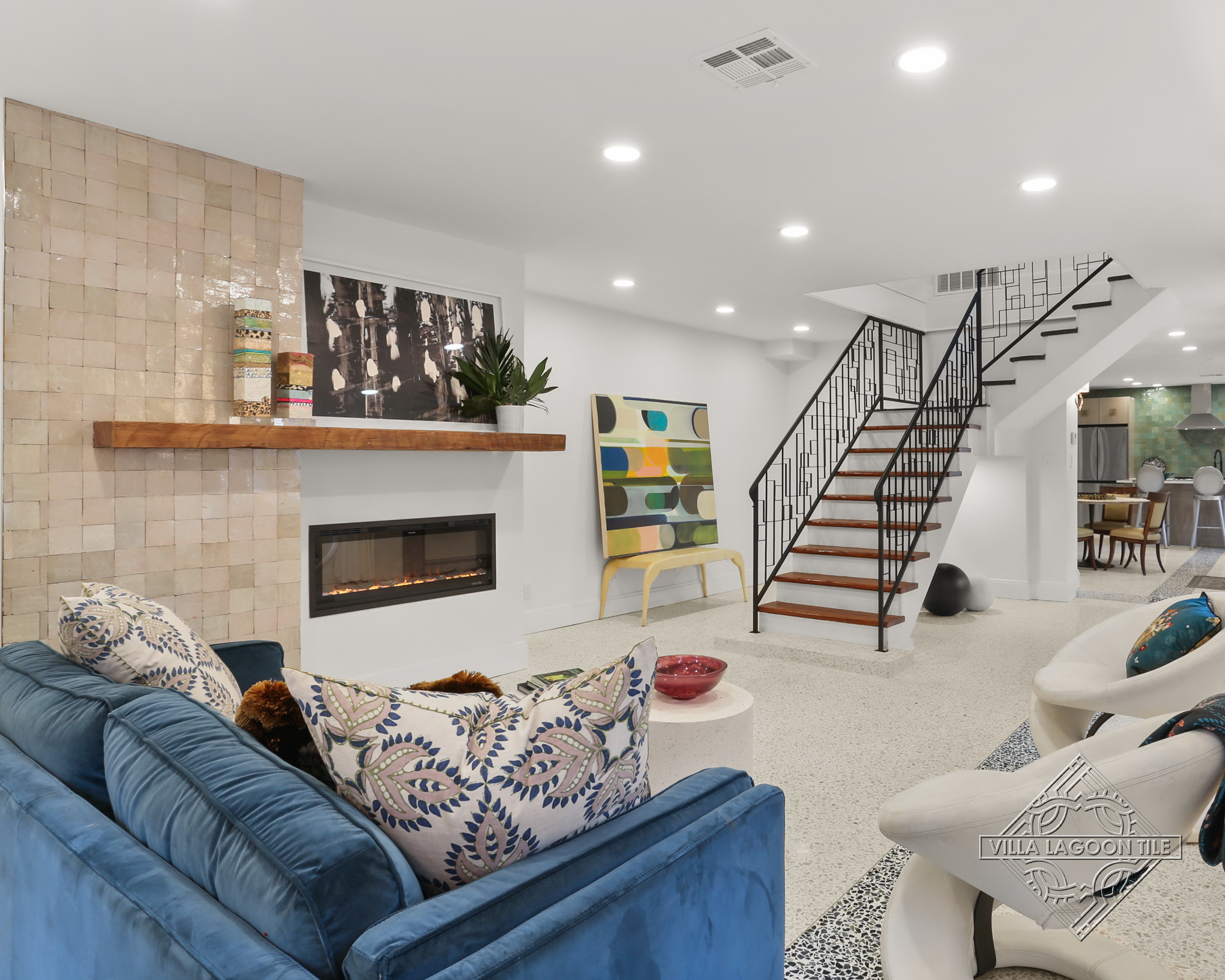 Modern Open Concept Living Room with Oyster Shell Glazed Zellige Fireplace