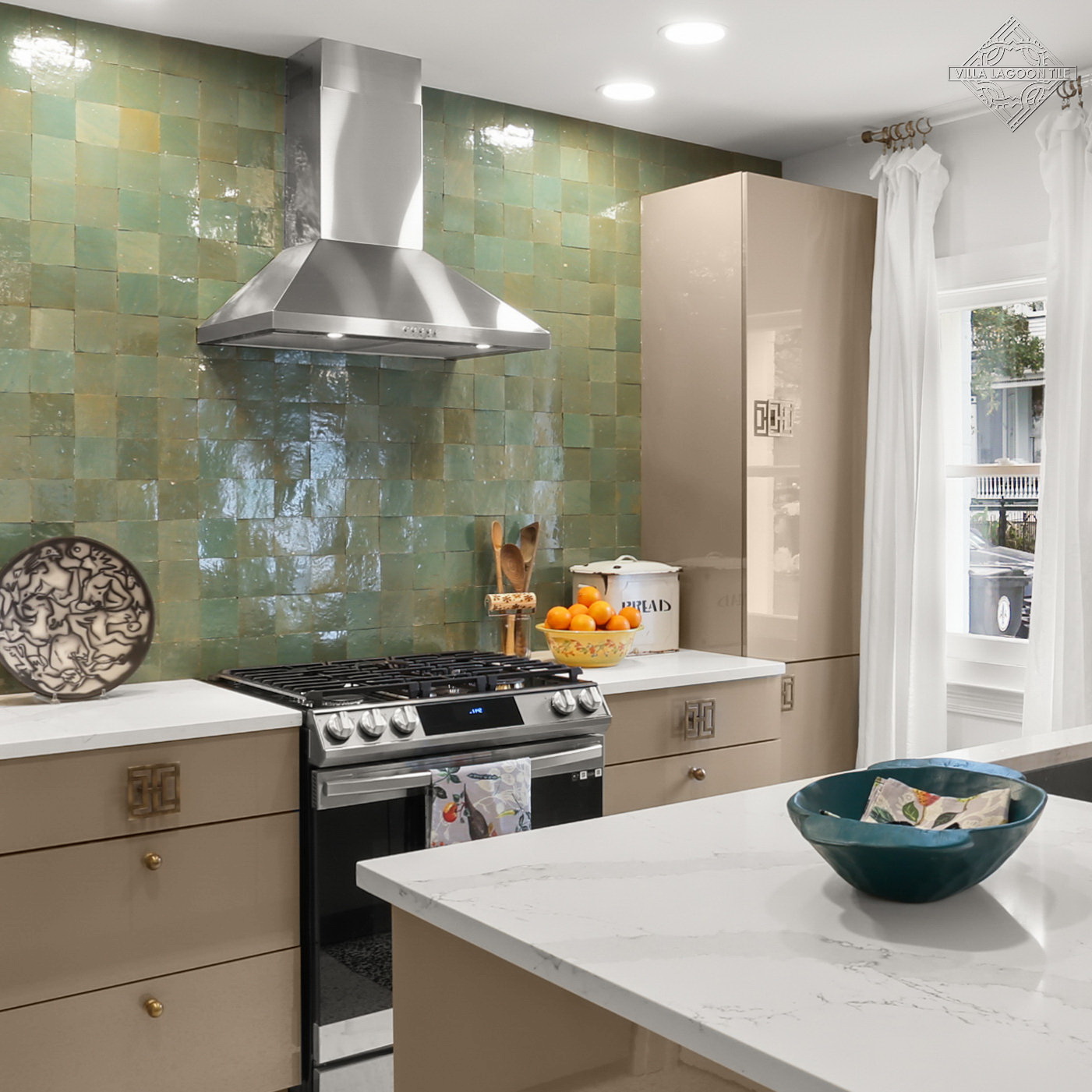 Historic New Orleans Kitchen with Garden Grove Zellige Backsplash and Taupe Cabinetry