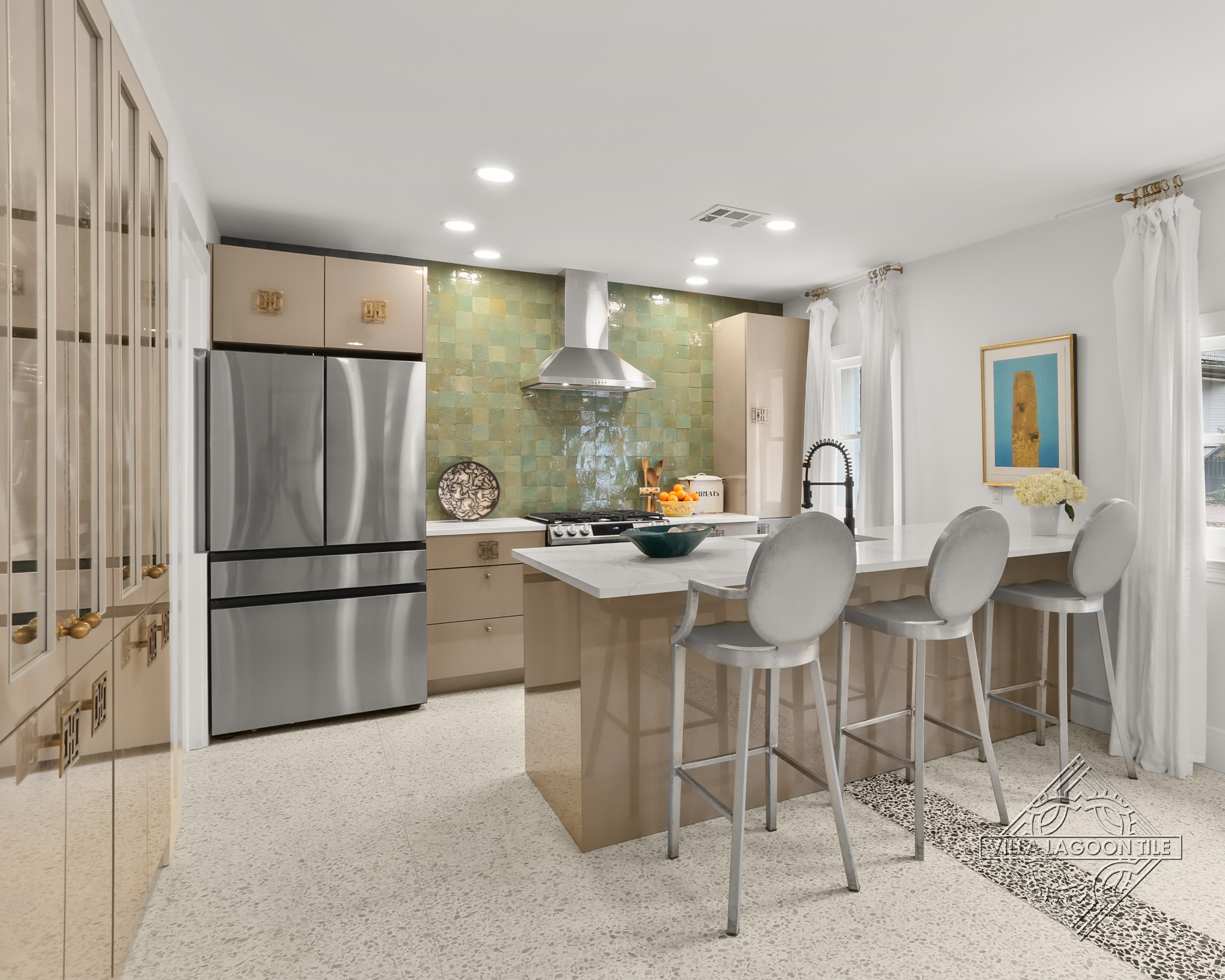 Open Concept Kitchen with Garden Grove Zellige Tile and Custom Terrazzo Flooring