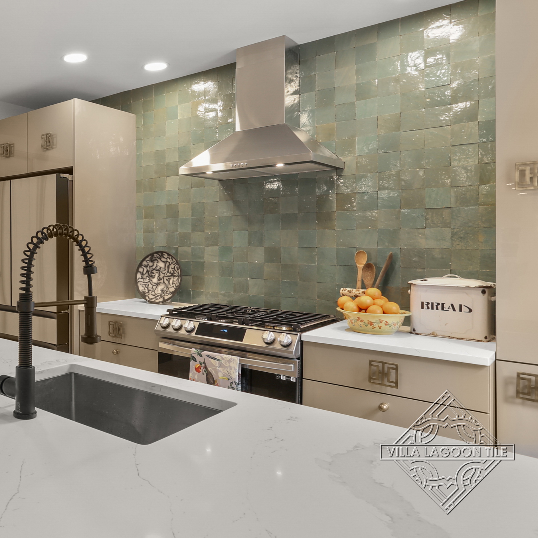 Garden Grove Green Zellige Backsplash with Quartz Waterfall Island