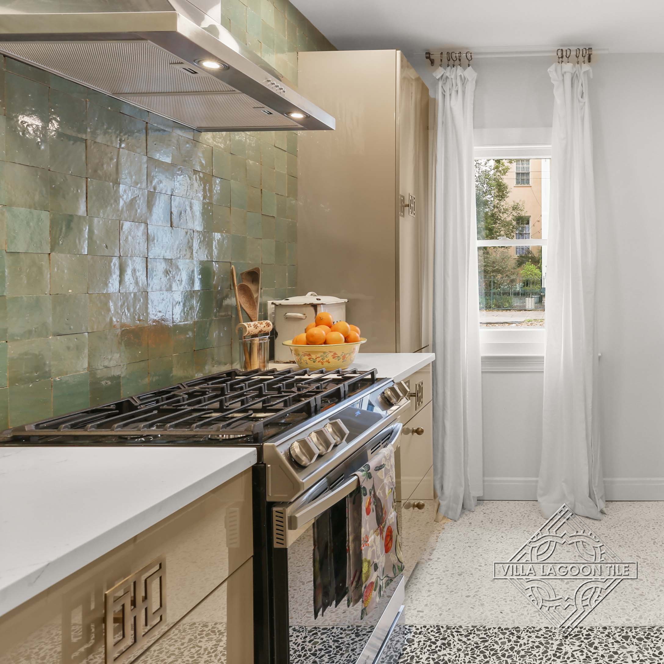 Handmade Zellige Backsplash and Terrazzo Tile Flooring in Modern Kitchen