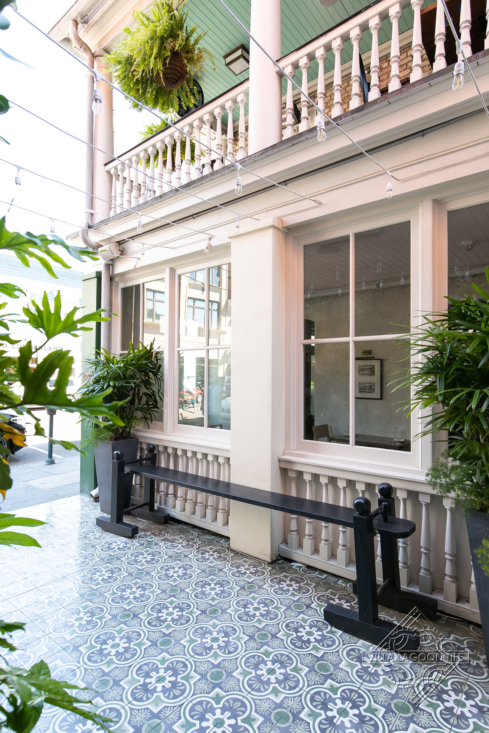 Modern Charleston Courtyard Design: Vertical Garden Wall and Patterned Encaustic Cement Tile Flooring