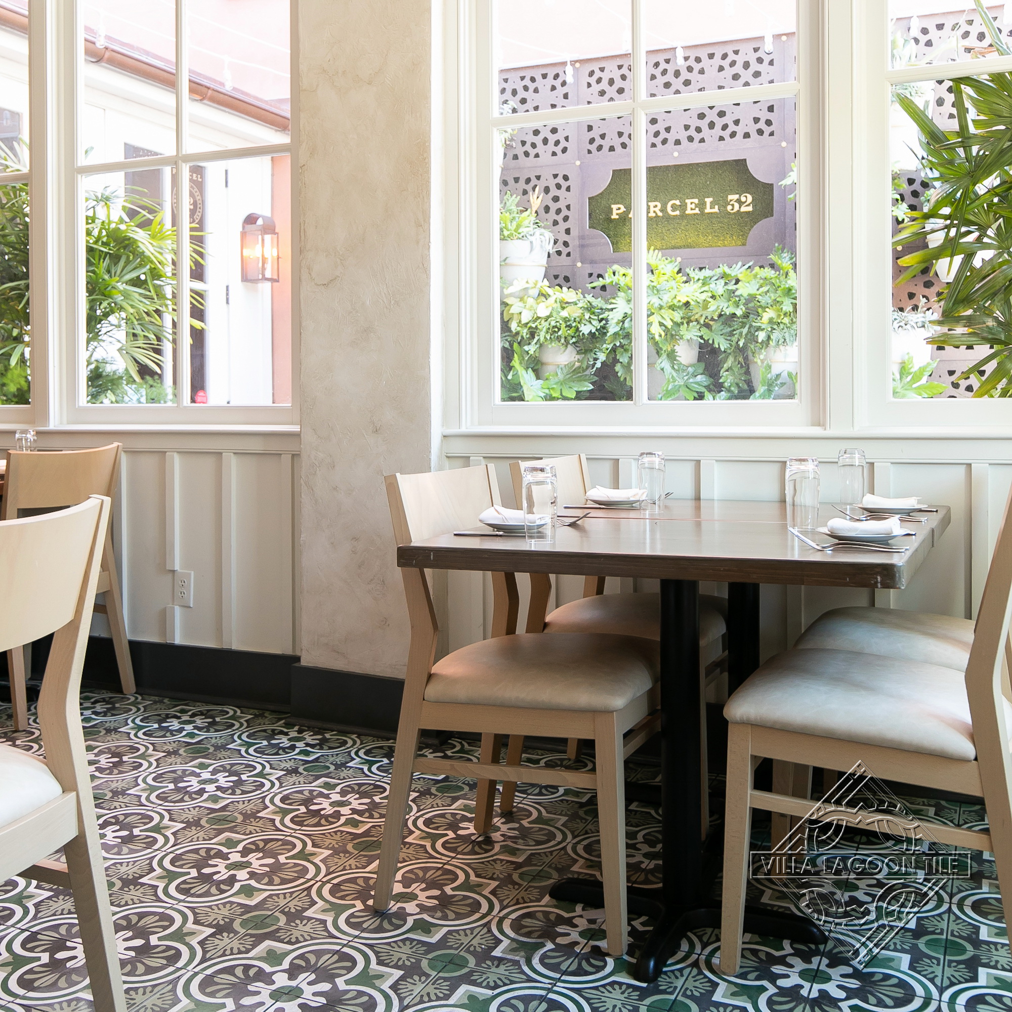 Luxury Restaurant Dining Room: Elegant Seating Area with Traditional Cuban-Style Cement Tile Flooring