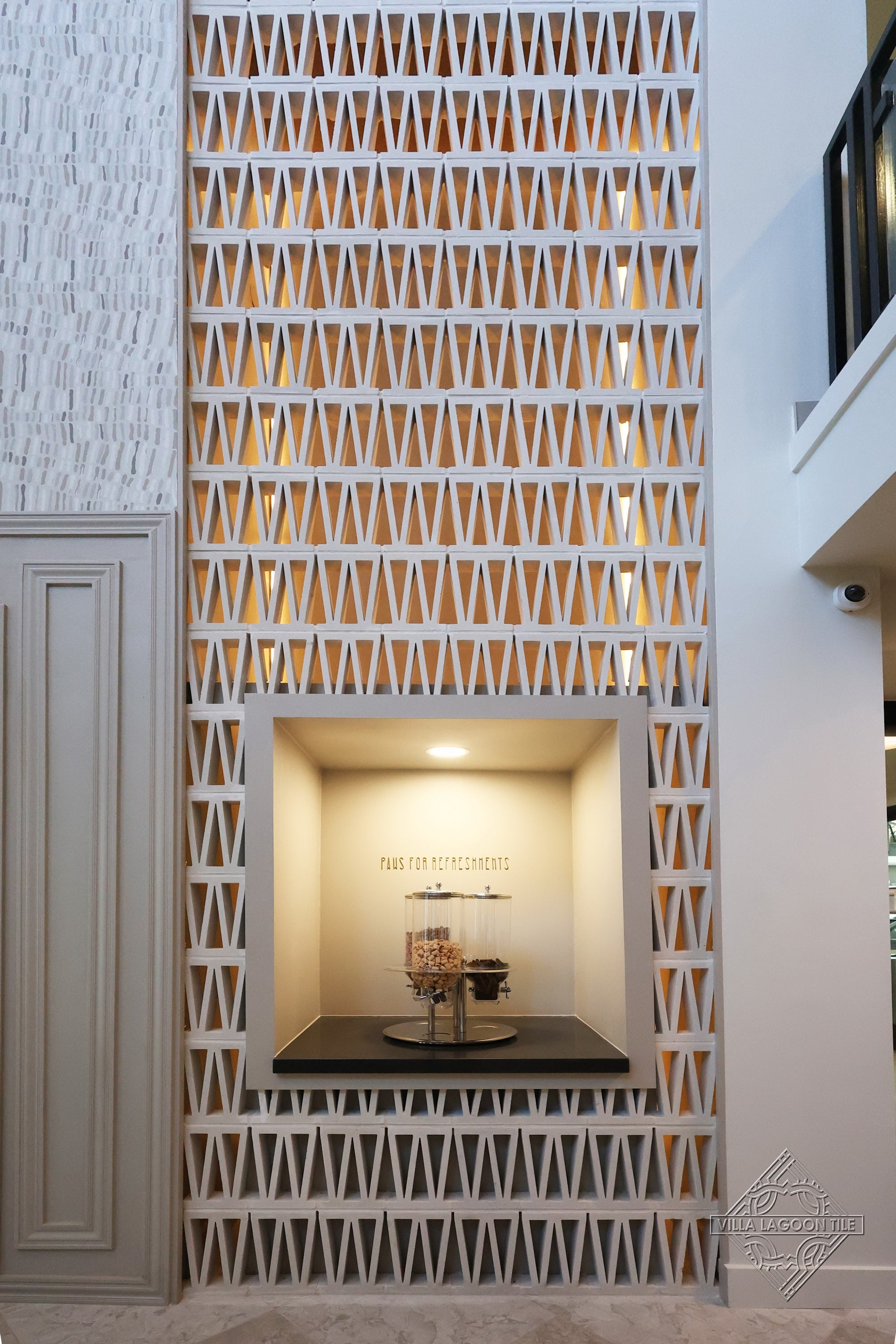 Vertical Architectural Breeze Block Screen with Backlit LED and Integrated Refreshment Niche