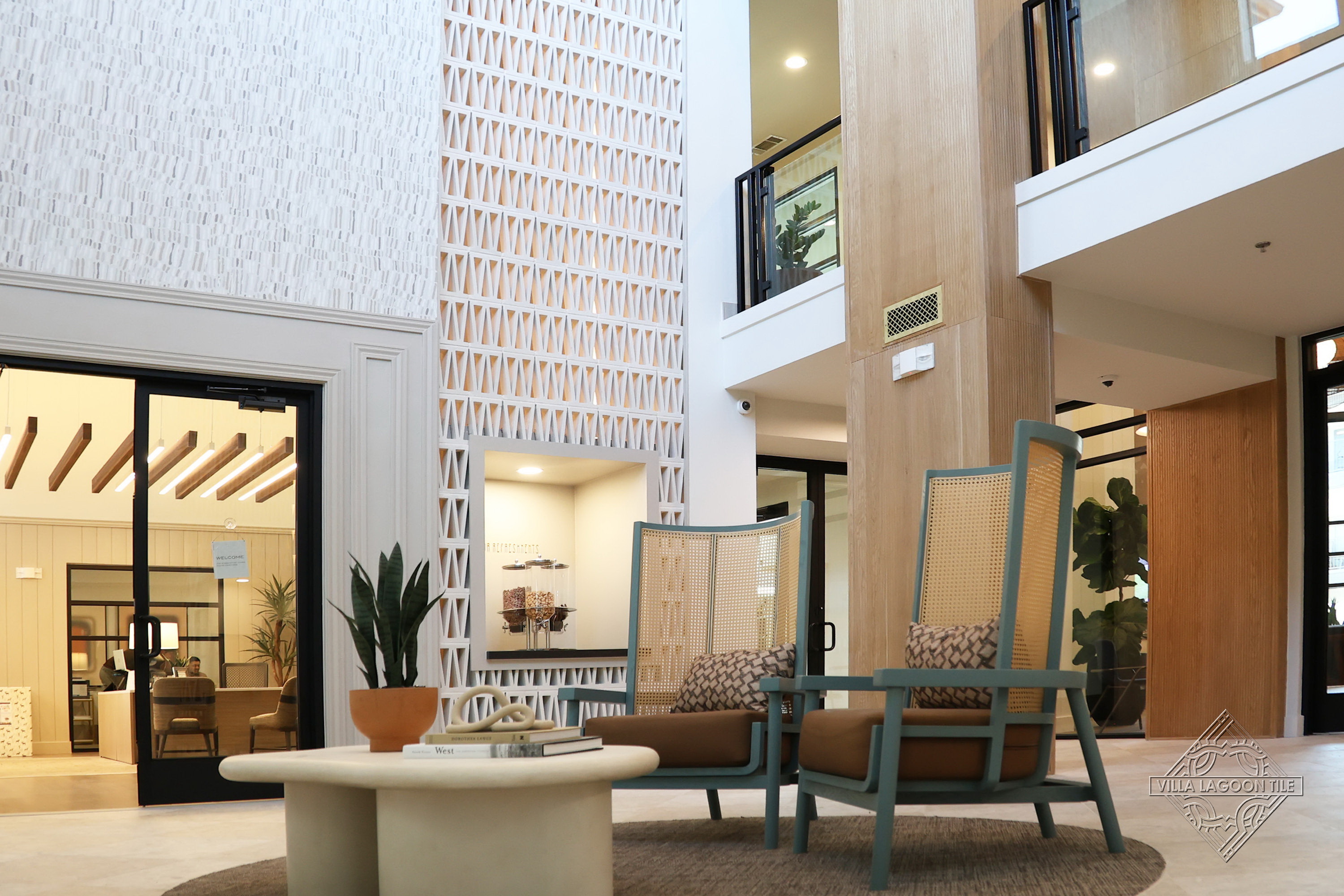 Scandinavian-Inspired Luxury Lobby with Mid-Century Furniture and Architectural Breeze Block Feature