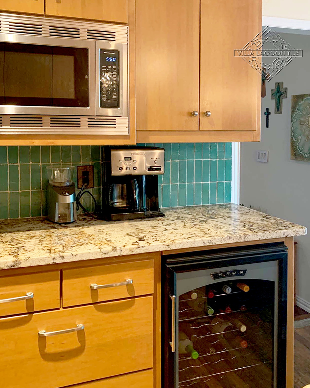 Kitchen Beverage Station with Glossy Zellige Bejmat Subway Tile Backsplash