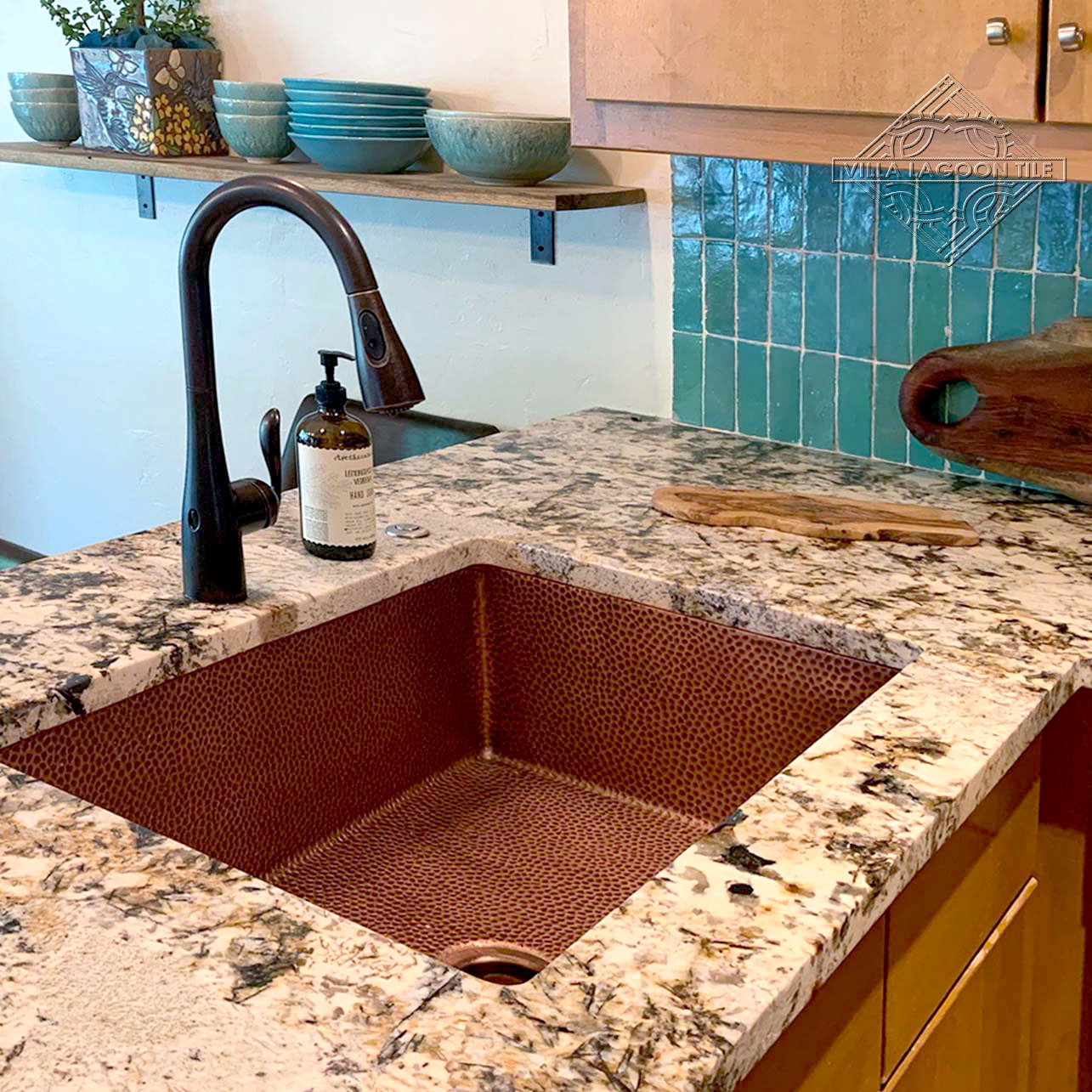 Hammered Copper Sink with Jadeite Bejmat Zellige Tile Backsplash