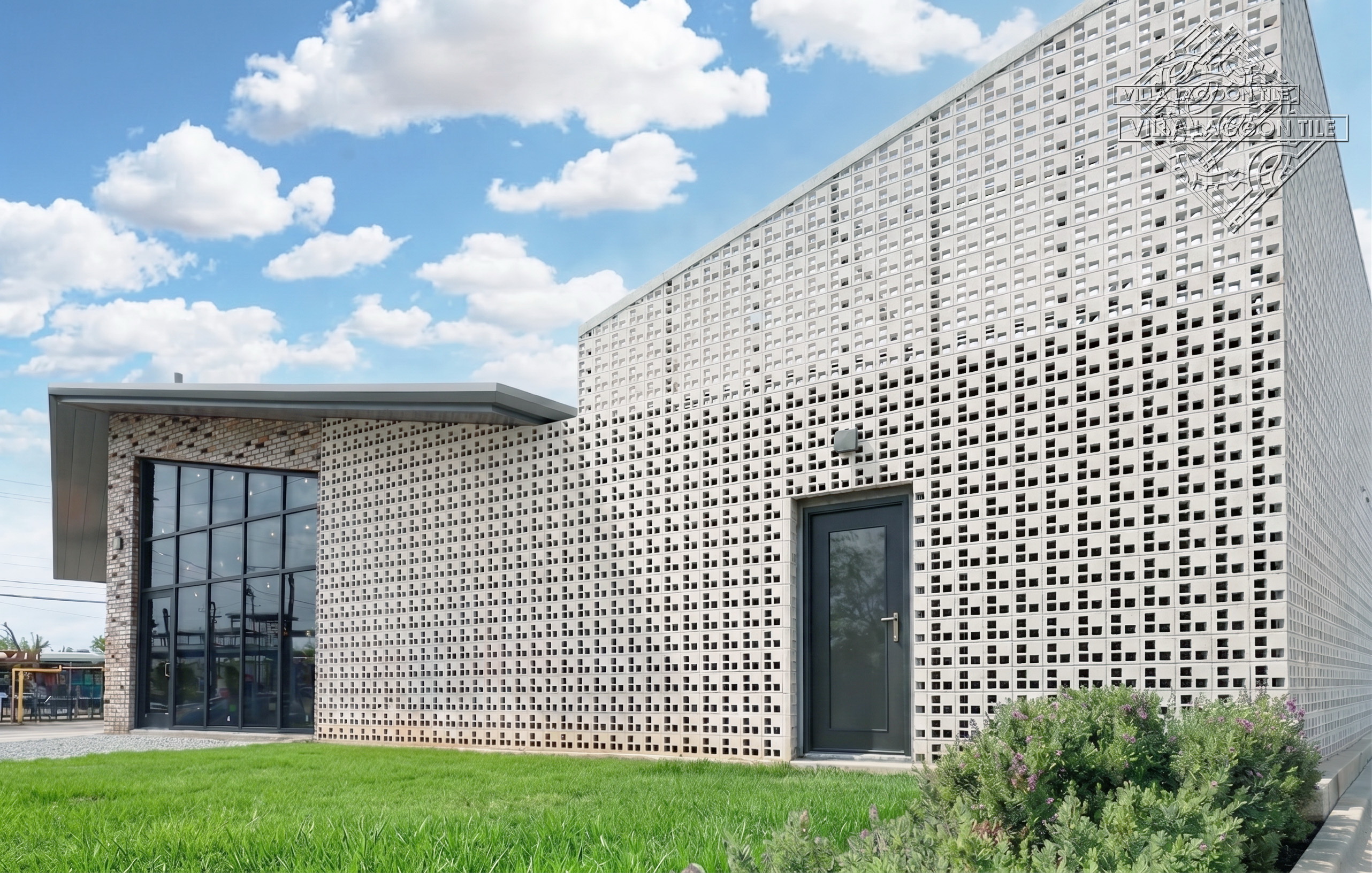 Contemporary White Cement Breeze Block Retail Façade – F2M Shops Houston