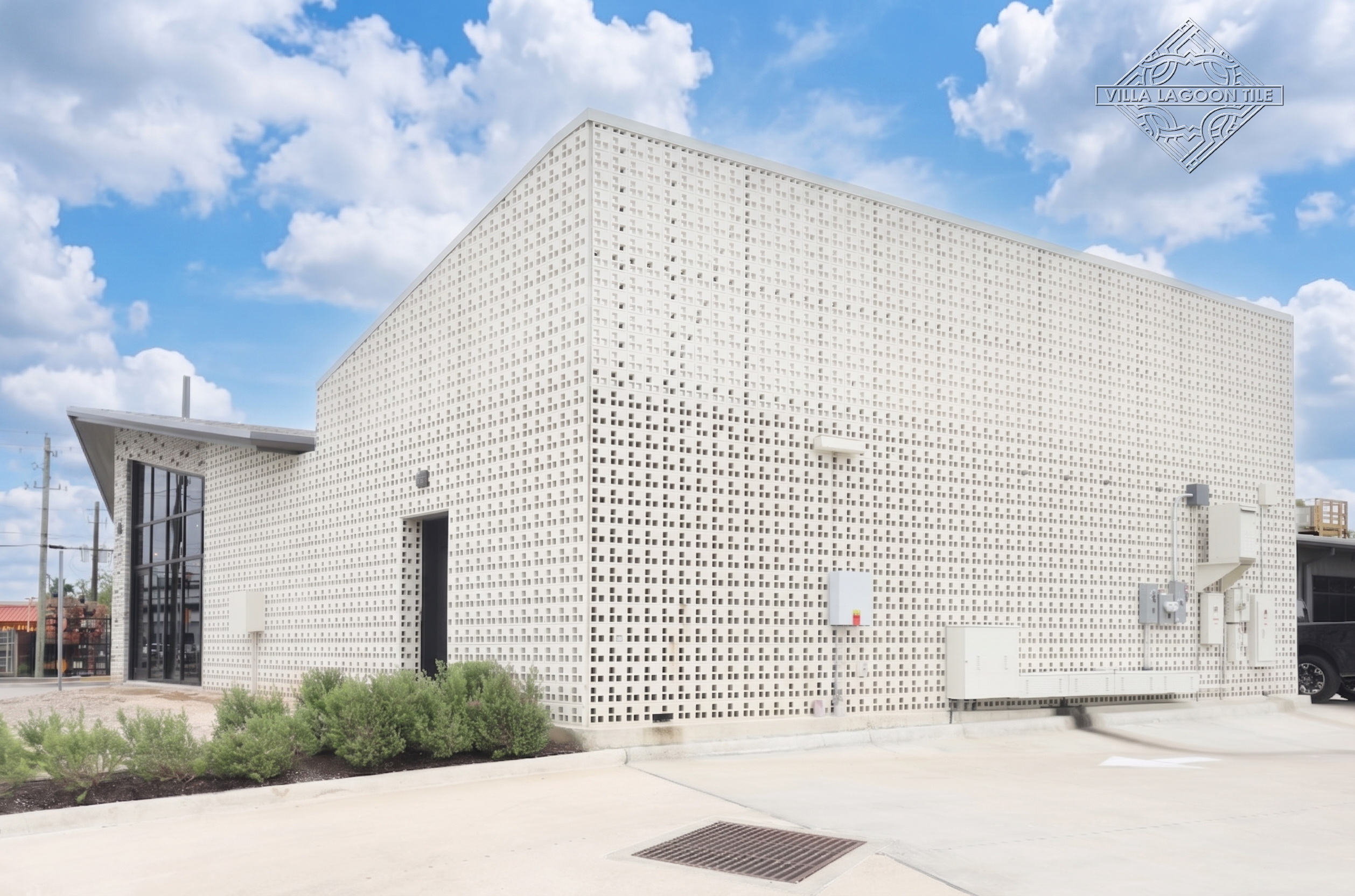 Modern Antigua White Breeze Block Façade – F2M Shops Houston by Cisneros Design Studio
