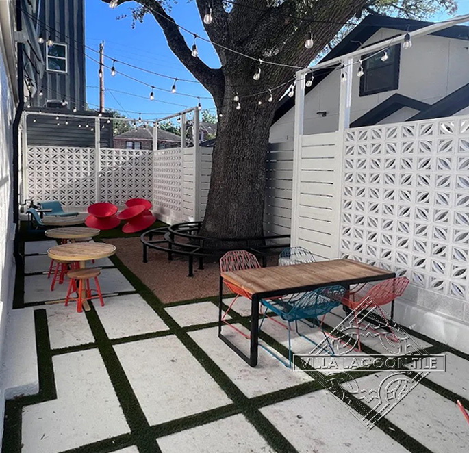 Modern Mid-Century Patio with Breeze Block Privacy Walls and String Lights