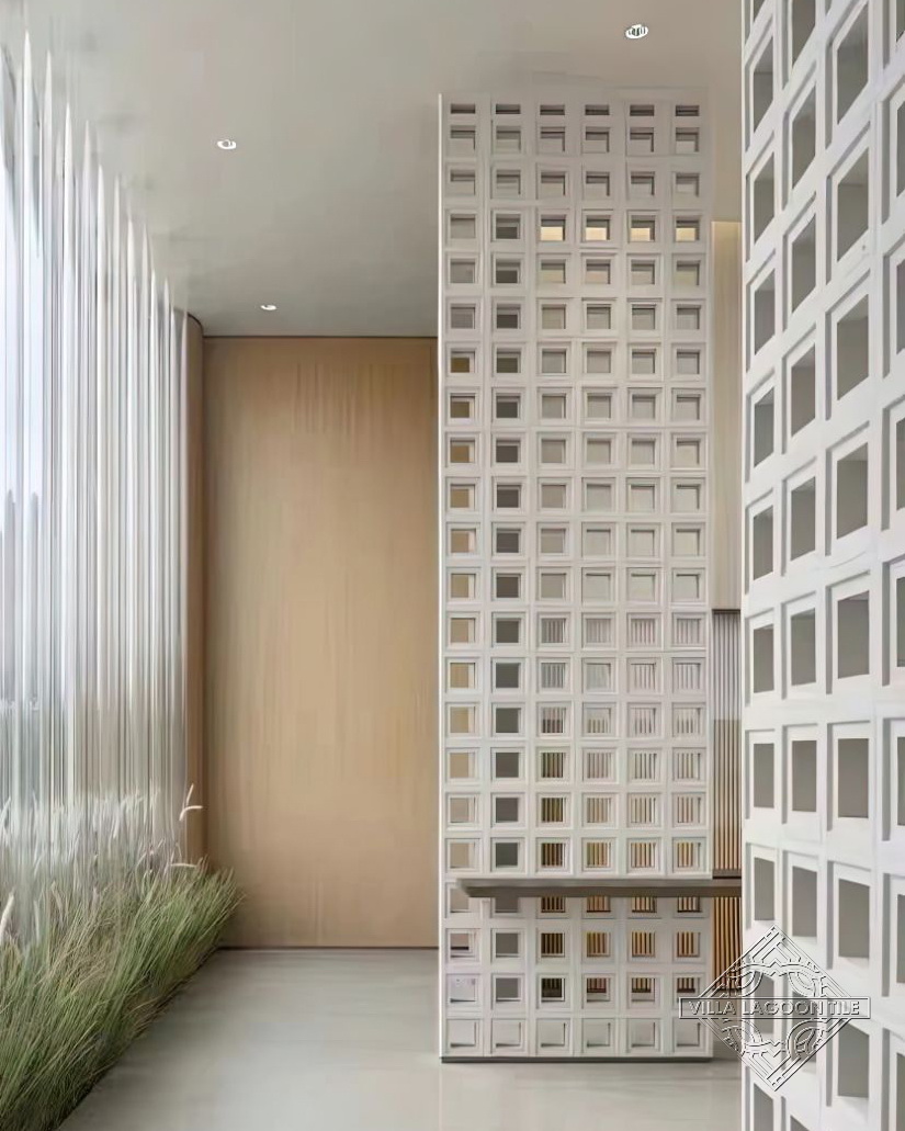 Modern White Breeze Block Interior Screen Wall with Warm Oak Paneling
