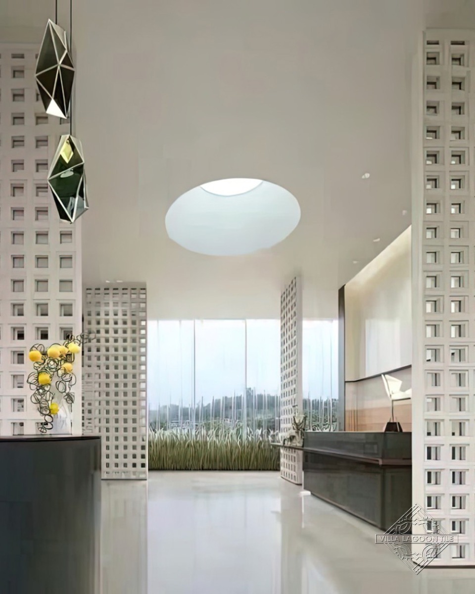 Grand Luxury Lobby with Oculus Skylight and Architectural Breeze Block Partitions