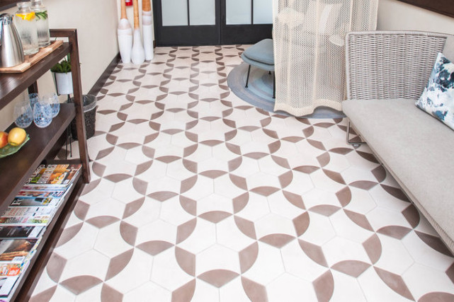 A coastal, beachy residential entry, from Villa Lagoon Tile.