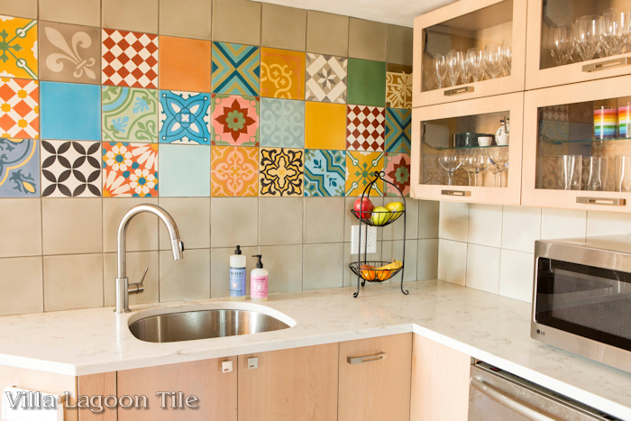 A wild mix of colorful patchwork cement tile, from Villa Lagoon Tile.