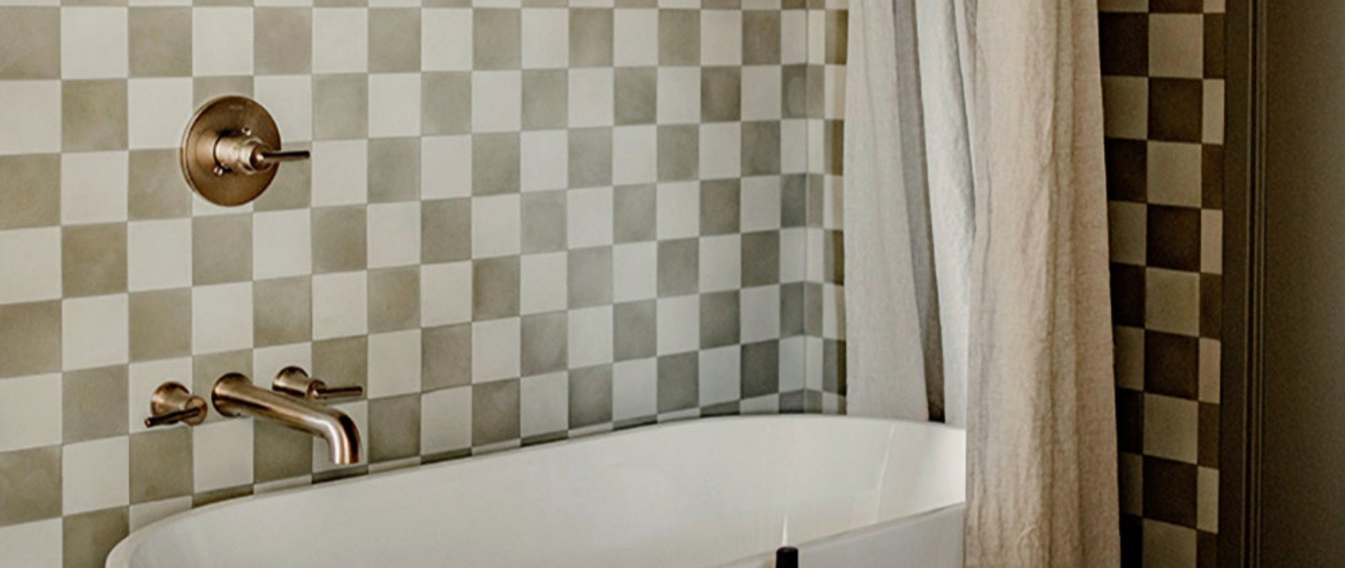 Villa Lagoon Tile Solid Seashell White and Dry Sage cement tile bathroom, designed by Sarah Sherman Samuel.