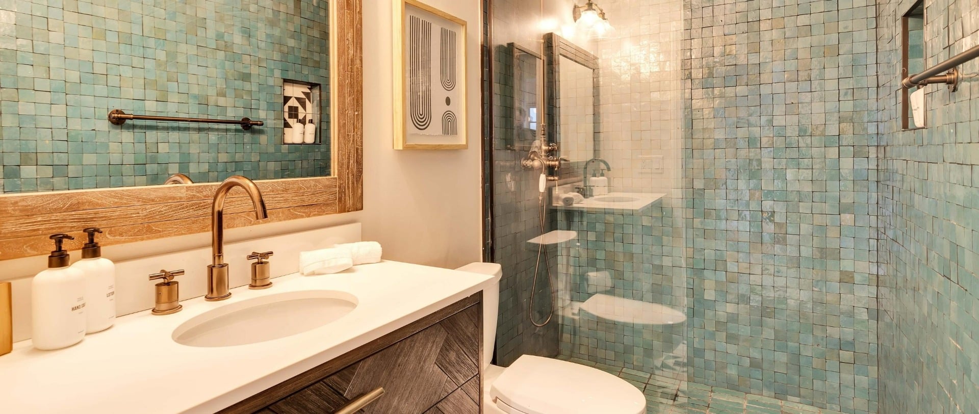 Waterfall Zellige Mosaic bathroom, from Villa Lagoon Tile.