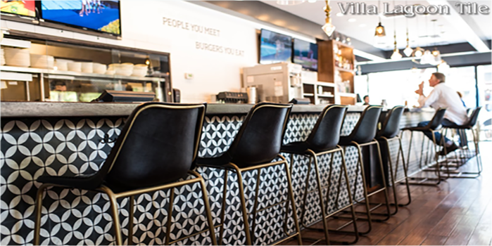 Circulos Black and White Cement Tile bar front, by Villa Lagoon Tile.