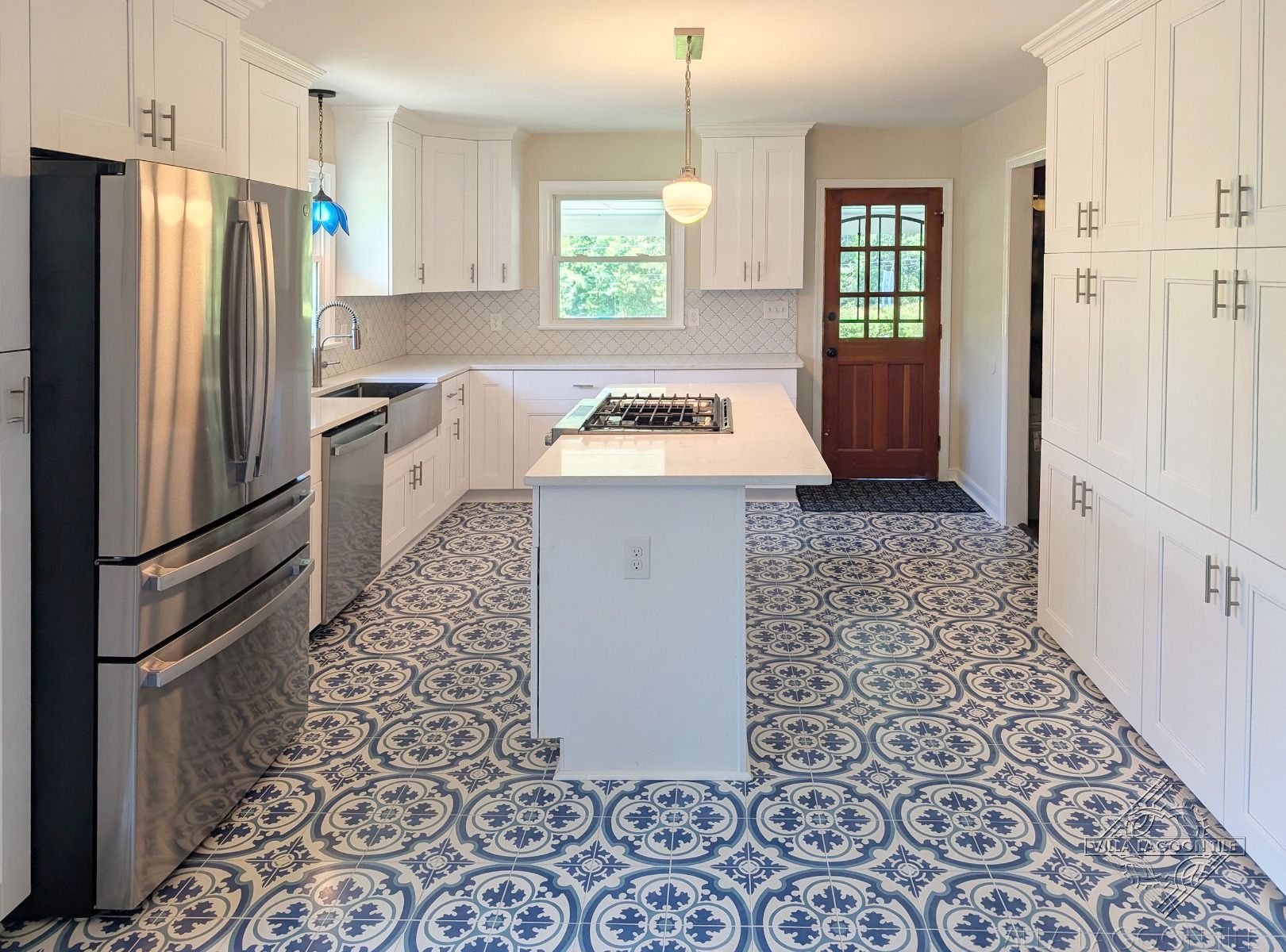 Danielle Admiral Blue and White Medallion Cement Tile in Traditional KitchenHero Photo thumbnail